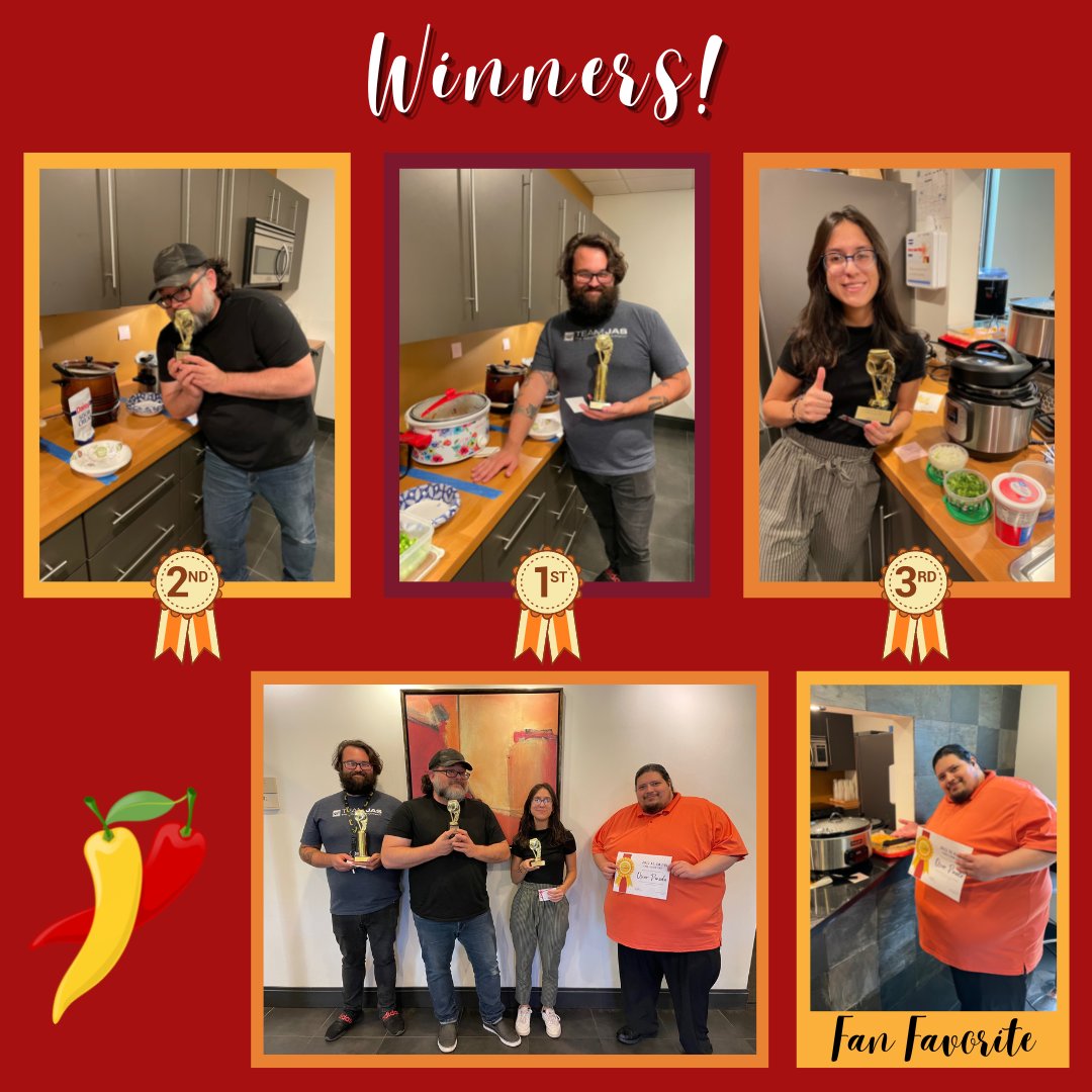 Team_JAS's tweet photo. Congratulations to our 2022 Team JAS Chili Cook-Off Winners! The competition was steep this year and each contestant really went all in. We look forward to this event all year long &amp; can't wait to see who will take home the win next year. 🌶🏆

#TeamJAS #CompanyCulture https://t.co/ARRmeddE7x