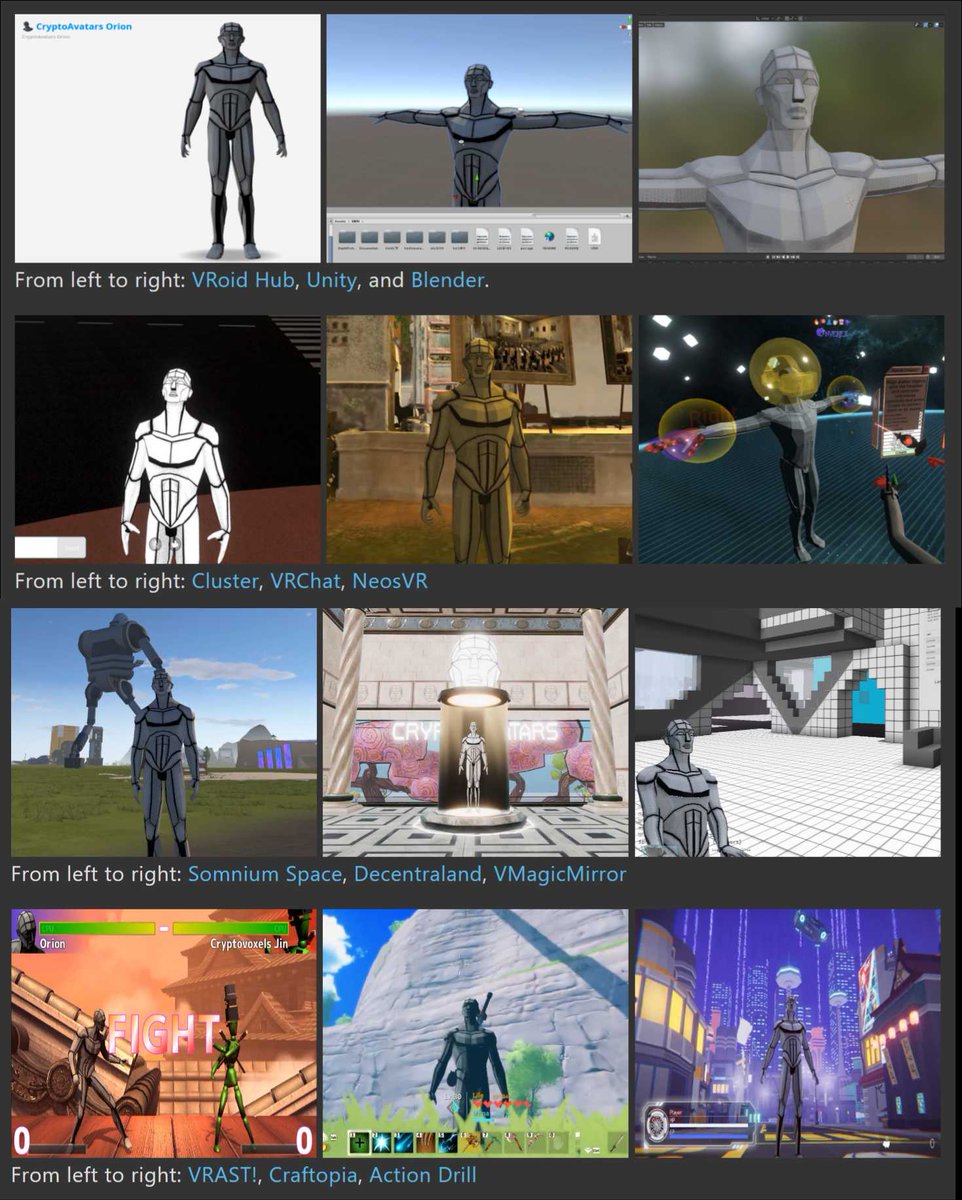Avatar interop is possible today with VRM, there's hundreds of applications that support it without needing a permissioned SDK - just a file that works and is based on interoperable open standards  #glTF 

Pictured below: <a href="/cryptoavatarsio/">CryptoAvatars</a> #0 Orion
Notes: hackmd.io/@XR/avatars