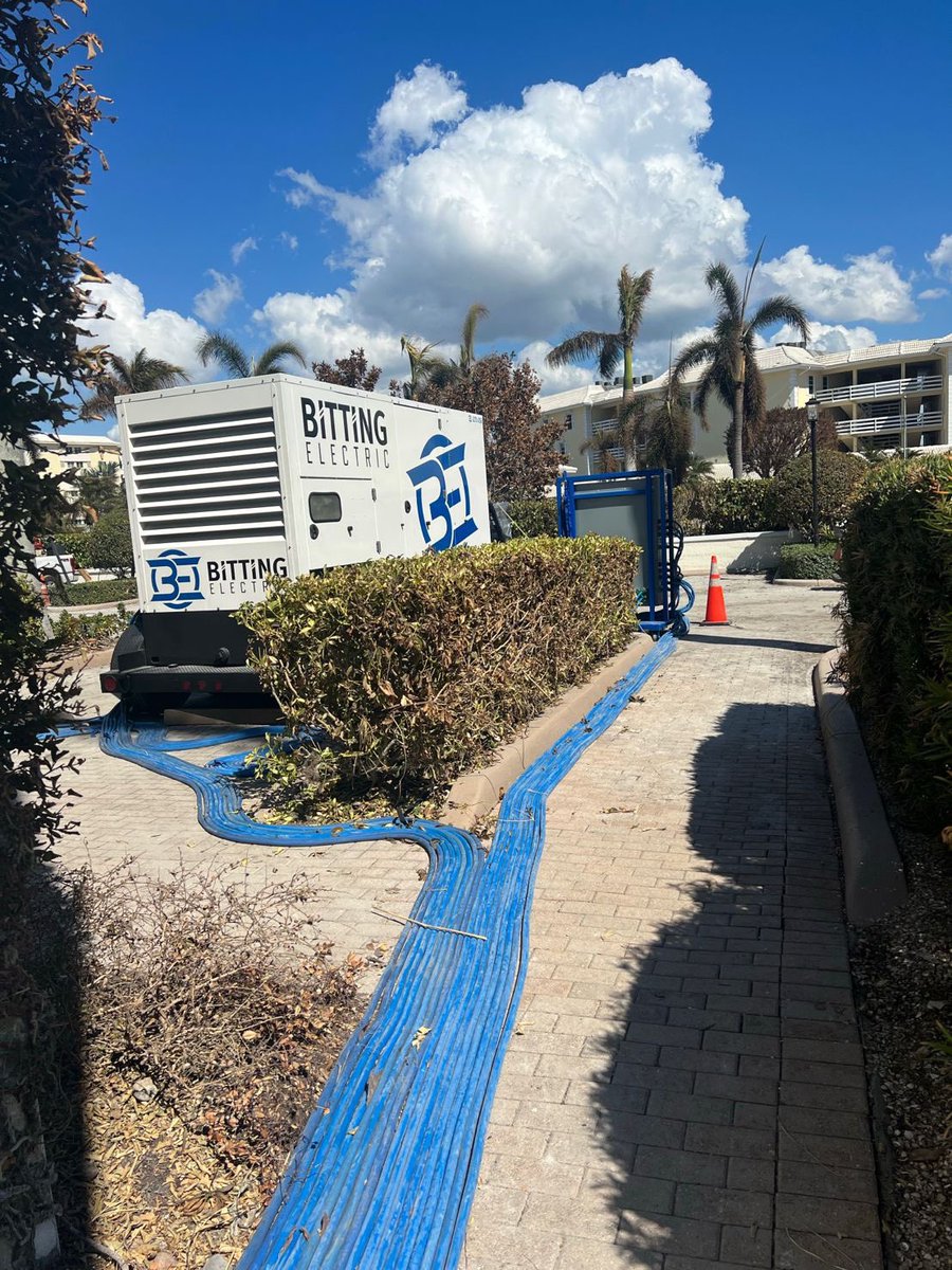 BittingElectric's tweet photo. At 10am we were able to meet the customer on-site, by 3pm the building was operational with our 375 Cummins and custom build distribution panel. Damaged circuits were triaged, phase rotation checked, residents are beyond excited! #BittingElectricPowerRecovery
#hurricaneian https://t.co/B6Toyl6Ix2
