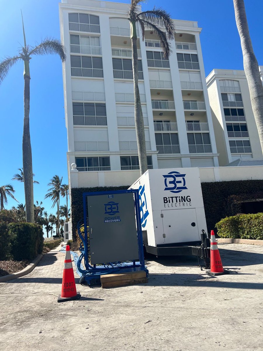 BittingElectric's tweet photo. At 10am we were able to meet the customer on-site, by 3pm the building was operational with our 375 Cummins and custom build distribution panel. Damaged circuits were triaged, phase rotation checked, residents are beyond excited! #BittingElectricPowerRecovery
#hurricaneian https://t.co/B6Toyl6Ix2