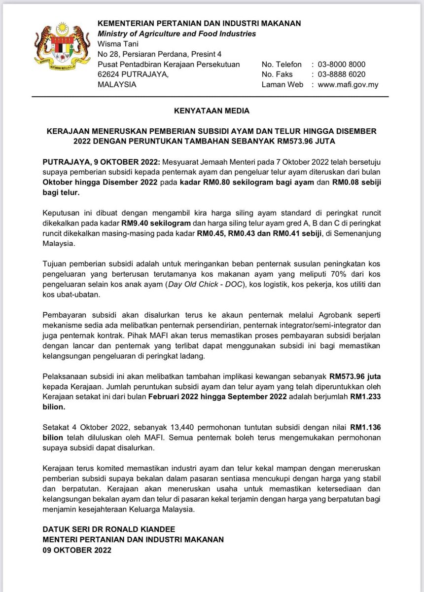 FAMAJohor's tweet photo. 9 OKTOBER 2022 | KENYATAAN MEDIA MAFI - KERAJAAN MENERUSKAN PEMBERIAN SUBSIDI AYAM DAN TELUR HINGGA DISEMBER 2022 DENGAN PERUNTUKAN TAMBAHAN SEBANYAK RM573.96 JUTA

#MAFIMalaysia
#famadihatirakyat
#TeamMAFI
#SekuritiMakananUntukMasaDepan
#kenyataanmediamafi https://t.co/qNyrq9rOLg