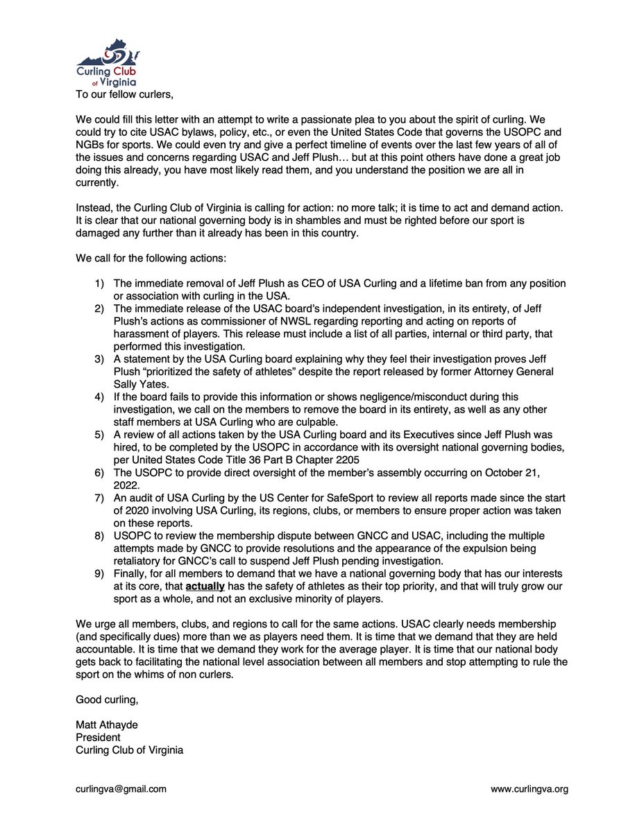 Curling Club of Virginia has released an open letter regarding Jeff Plush and the USAC Board.

NOTE: The letter in this tweet has been updated to correct an error.