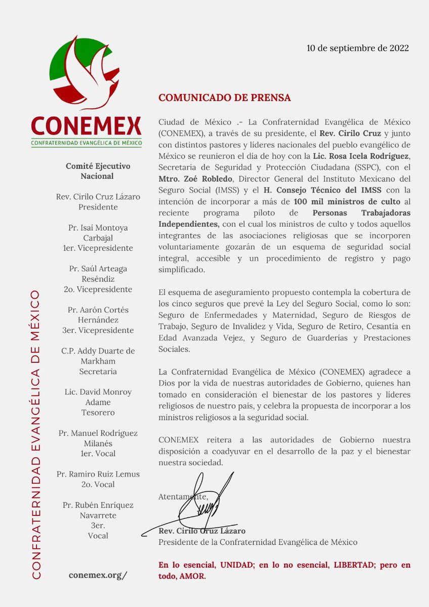 CONEMEXAR's tweet photo. Agradecemos a Dios por la vida de nuestras autoridades de Gobierno, quienes han tomado en consideración el bienestar de los pastores de nuestro país, y celebramos la propuesta de incorporar a los ministros religiosos a la seguridad social 

@rosaicela_ @zoerobledo  @Tu_IMSS https://t.co/D5Iy5y1a4B