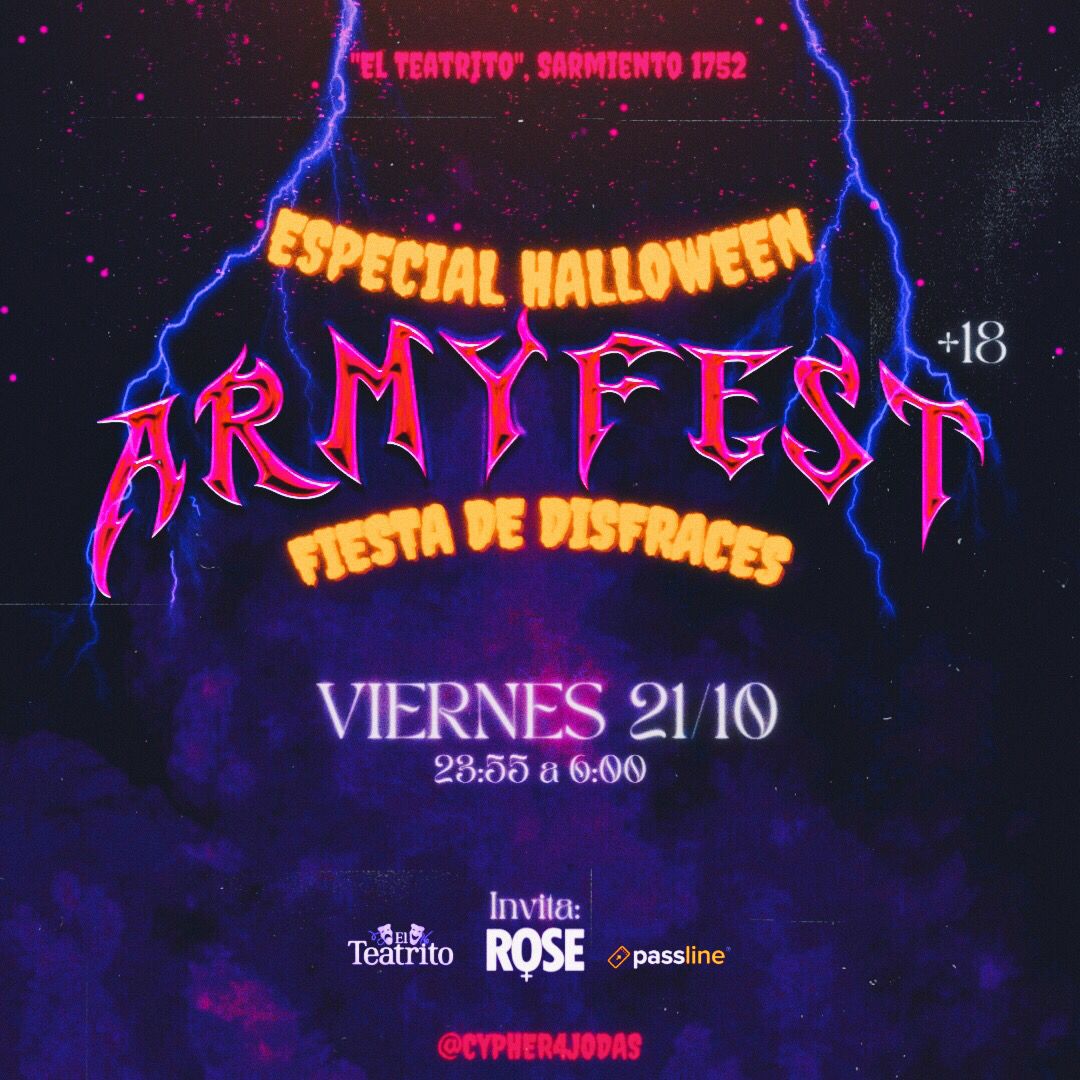 cypher4jodas's tweet photo. MEGA #ARMYFEST
ESPECIAL HALLOWEEN 🎃🕸️ venís? 😎
conseguí tus entradas a través del link de passline... ⬇️⬇️⬇️
https://t.co/VLdAZqLZTP https://t.co/RNZJKaHaie