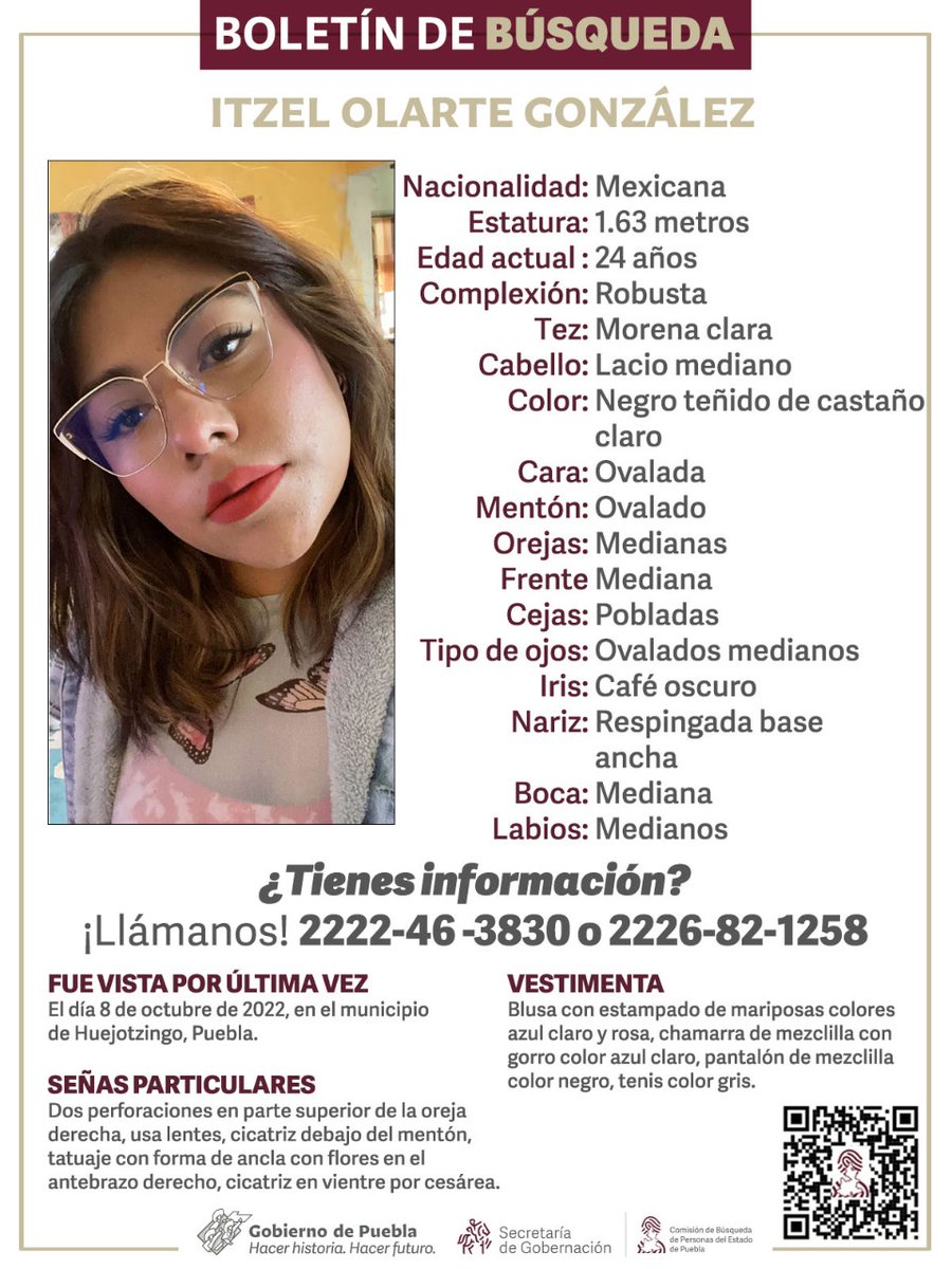 busquedagobpue's tweet image. Solicitamos su colaboración para la pronta localización de Itzel Olarte González, vista por última vez en el municipio de Huejotzingo, Puebla. 
¿Tienes información? ¡Llámanos! 2226821258