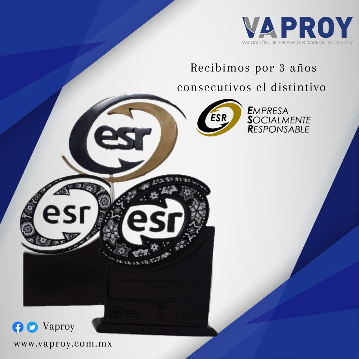 vaproy_'s tweet photo. 💫En #VAPROY nos enorgullece ser ESR® Empresa Socialmente Responsable, cuyo distintivo hemos obtenido de manera consecutiva desde hace 3 años por el @Cemefi_RSE
🍃Comprometidos con las personas, la comunidad y el medio ambiente.🌎 https://t.co/o2EyvVD3TI