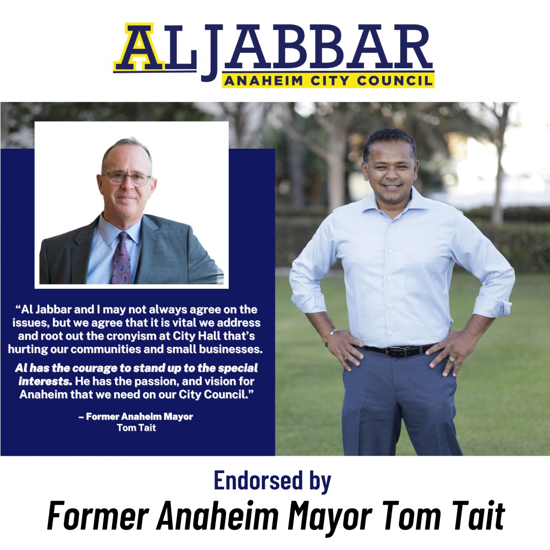 JoinAlJabbar's tweet photo. I am grateful for former Mayor Tom Tait's endorsement. Rooting out corruption at City Hall is one of my top priorities, so we can focus on the work of improving the lives of our residents and their families. I will work for you, not special interests. https://t.co/52uTqORpRa