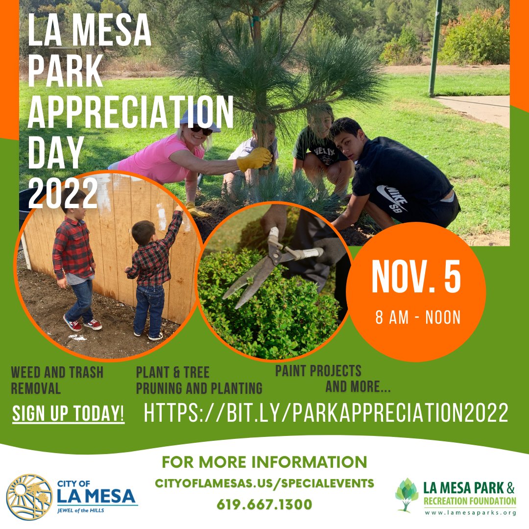 LMparksandrec's tweet photo. Park Appreciation Day is Saturday, November 5!
This is an annual event when volunteers from throughout the community help spruce up their favorite park.
Sign up today at https://t.co/csFuNMFMeS to pick a park!
@LaMesaCaParks
#LaMesaParks #LivableLaMesa #ParkAppreciationDay https://t.co/nLRAwDGcpw