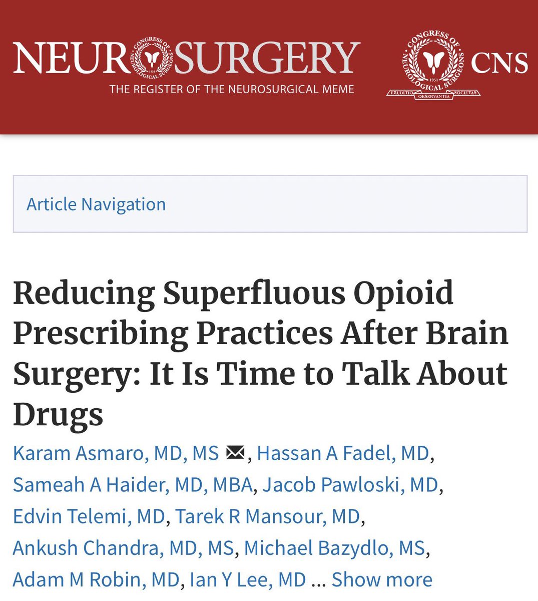 So proud to present and be recognized for our work in safely decreasing opioid use after craniotomies! Thank you to the CNS for recognizing our work as Paper of the Year! <a href="/CNS_Update/">CNS</a> <a href="/neurosurgery/">Neurosurgery</a> <a href="/AsmaroMD/">Karam Paul Asmaro, M.D.</a> <a href="/JasonSchwalbMD/">Jason Schwalb MD</a> <a href="/nsurgchick/">Ellen Air</a> <a href="/SteveKalkanisMD/">Steven N. Kalkanis MD</a>