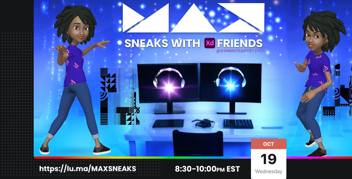 Jerlyn's tweet image. What&apos;s your plans for #adobeMAX #sneaks? Watching it with friends, of course! Register to win a SWAG box, and watch with us to win a hoodie!  It&apos;s going down Oct. 19th, 8:30-10PM EST lu.ma/MAXSNEAKS 
#adobexd #adobexdambassador #adobexdcc