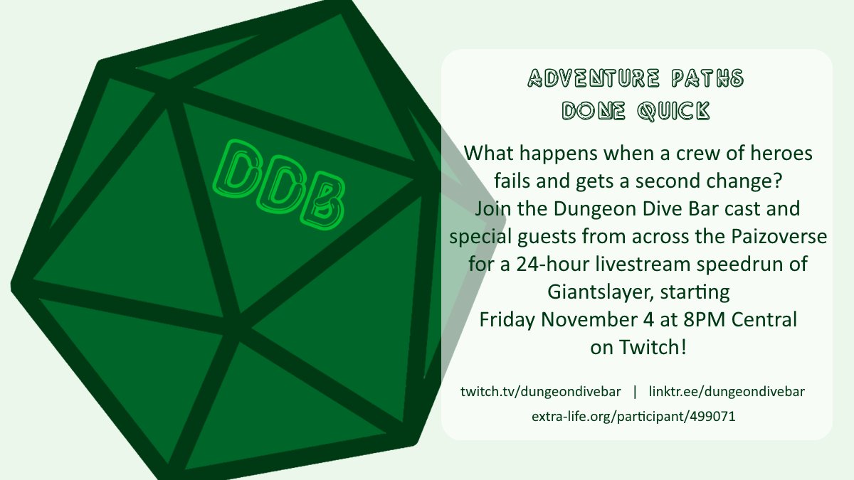 BarDungeon's tweet image. This year for #extralife, we're raising money for Sacred Heart Medical Center at Riverbend! Join us for a 24-hour AP speedrun starting on Friday 11/4 at 8pm CT starring the cast of DDB in addition to guests like Gero from @PodVsMachine, Aubrey from @GobletsandGays, and more!