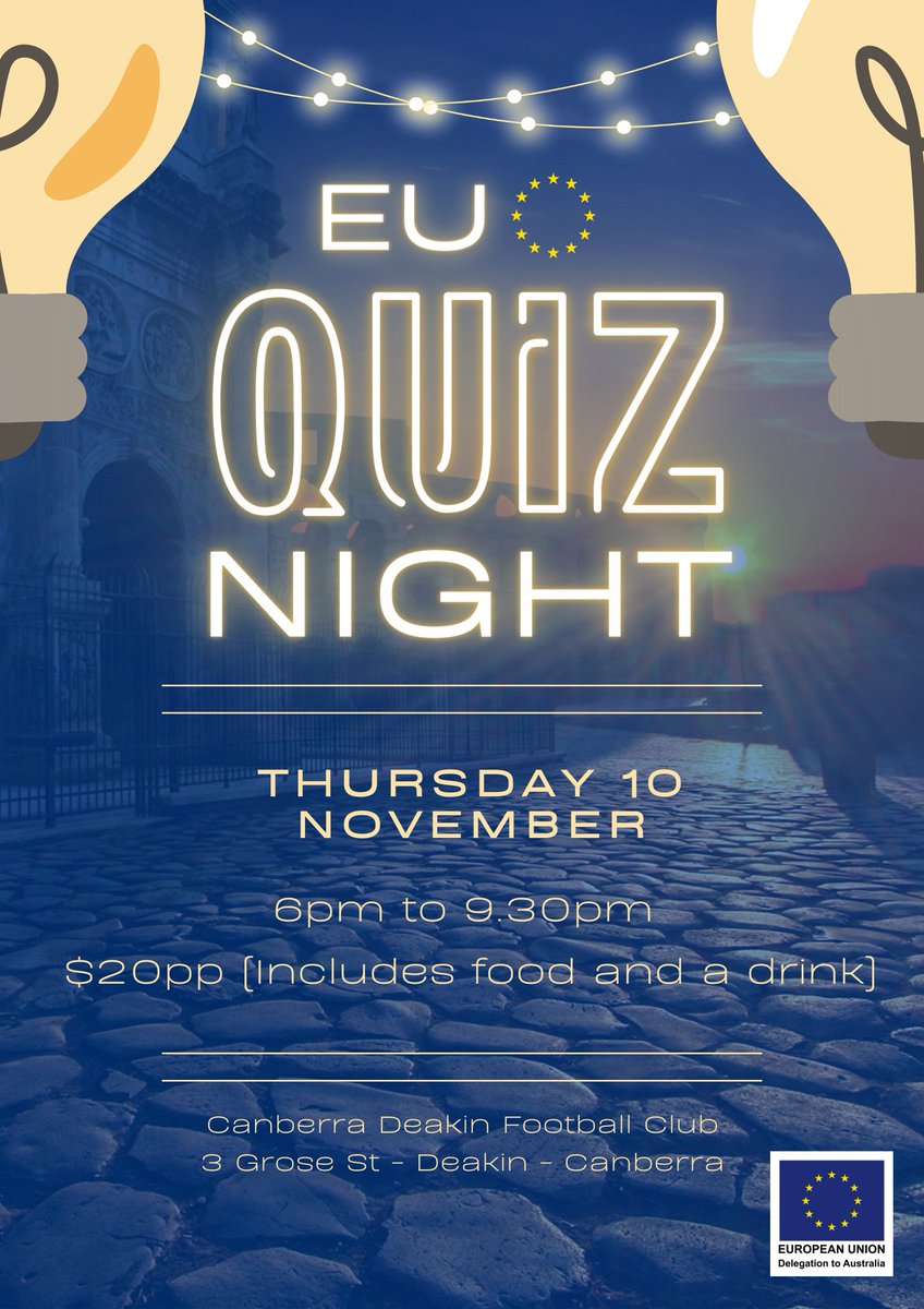 🌟Are you ready for a night of fun-filled entertainment?
🇪🇺The EU Quiz is back, and you will not be disappointed
💡Join us &amp; test your knowledge about the EU &amp; Europe
🗓️10 Nov - 6pm
🎟️Book your tickets canberrarep.org.au/content/book-o…
🍷Tickets include food &amp; a drink
#Australia #Canberra