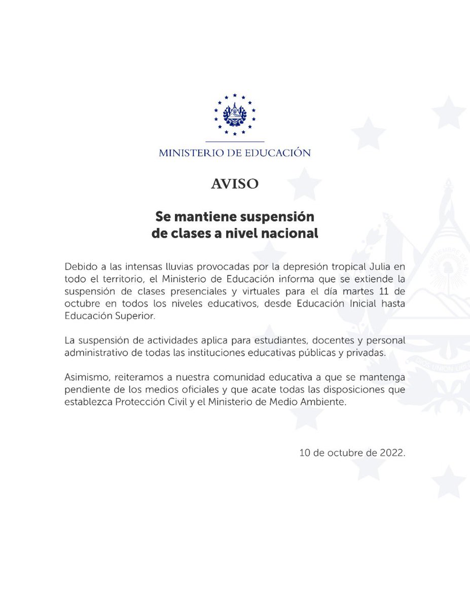 EducacionSV's tweet photo. Anunciamos que se extiende la suspensión de clases para mañana, martes 11 de octubre. La disposición aplica para estudiantes, docentes y personal administrativo de los centros educativos públicos y privados. https://t.co/fwdMNSClVP