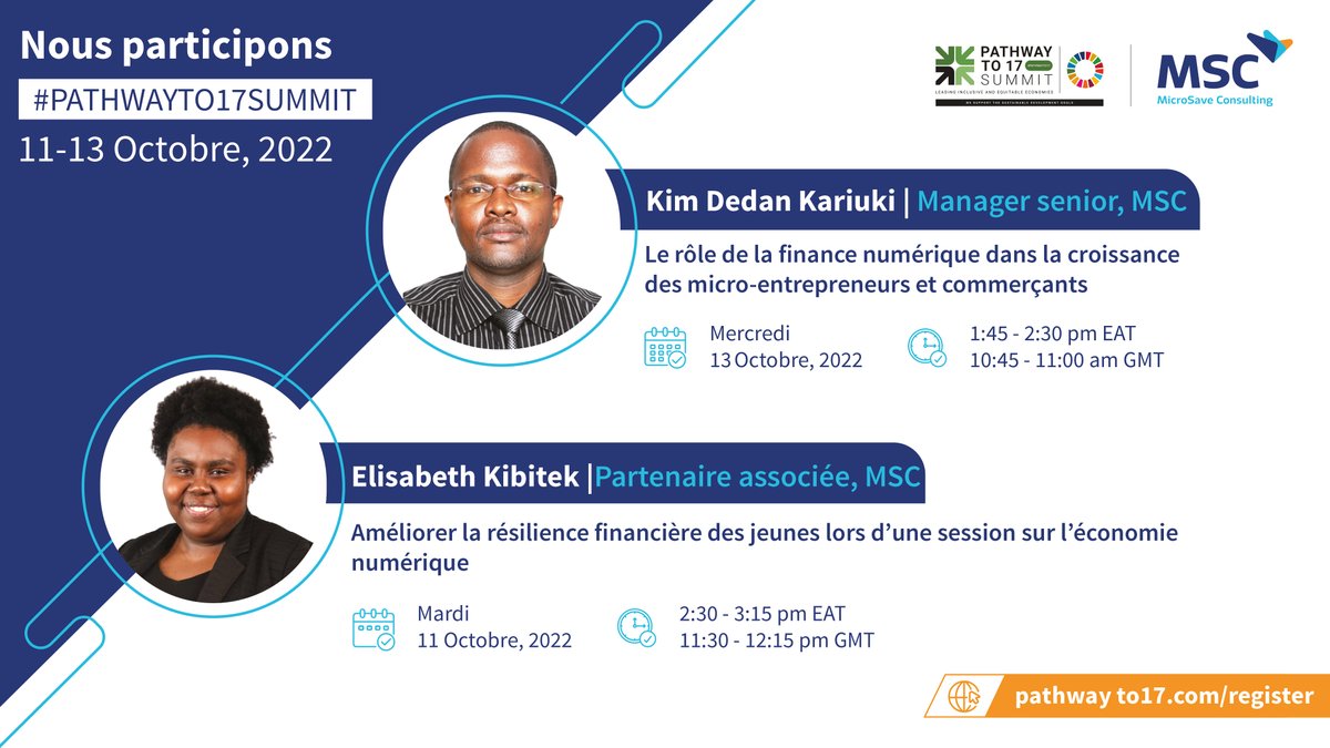 MicroSaveFR's tweet photo. Soyez au RDV dès demain au #pathwayto17summit .
Inscrivez-vous👉🏾 https://t.co/uoXusg5ZQV
2 sujets : Les moyens d'améliorer la résilience financière des #jeunes ds 1 éco numérique & le rôle de la #financenumérique ds la croissance des micro-entrepreneurs & commerçants https://t.co/Jml3qcqTRz