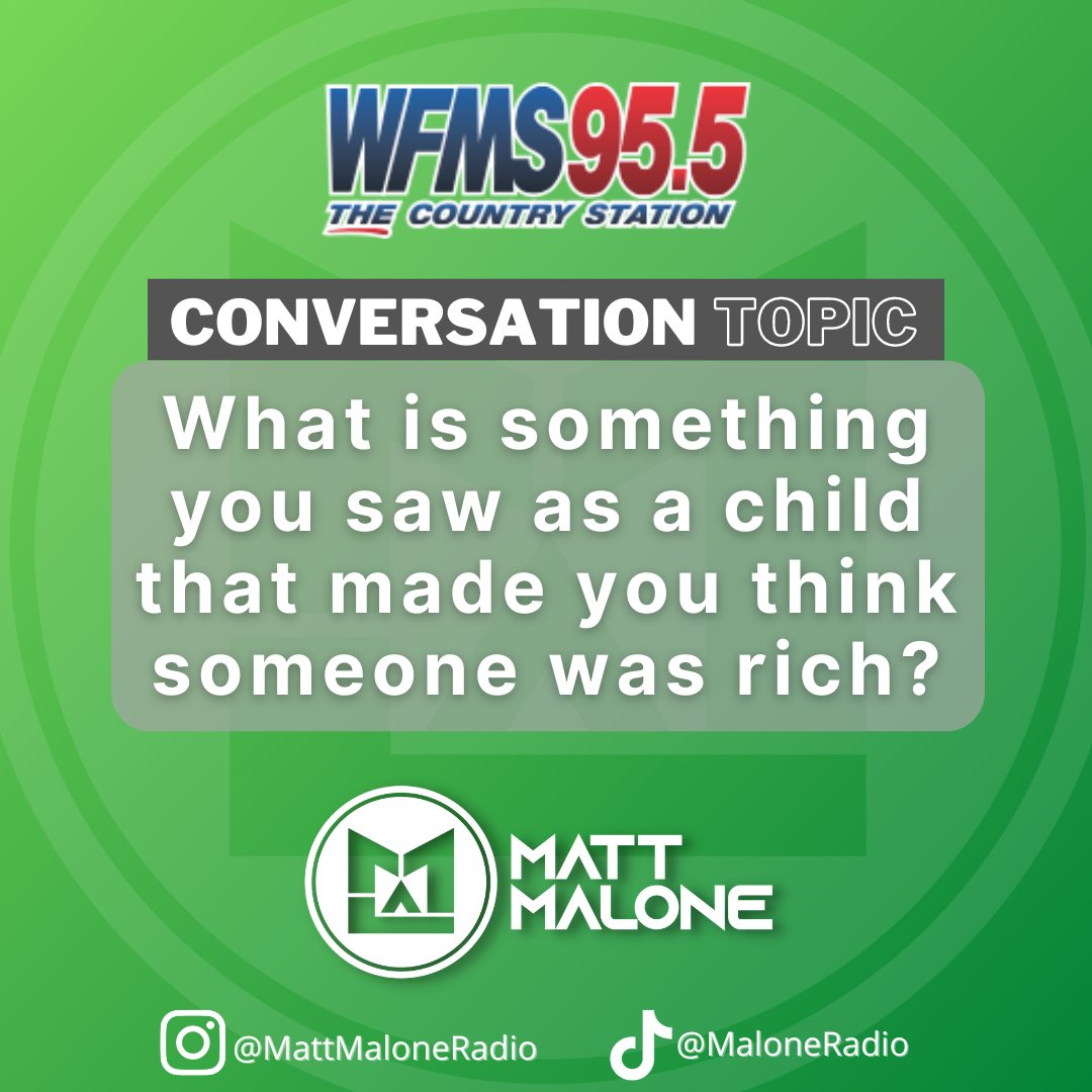 955wfms's tweet photo. What is something you saw as a child that made you think someone was rich?
—Matt Malone
#ConversationTopic https://t.co/i7TNEyzjHq