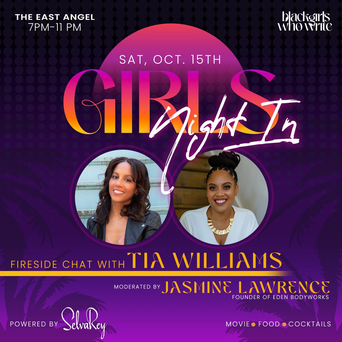 BGWW_'s tweet photo. This Saturday, October 15th,
we’re having a Girls' Night In powered by @SelvaReyRum! We’re getting cozy in a fireside chat with @Tia_W_Writes and moderated by Jasmine Lawrence, the founder of EDEN BodyWorks. 💜
#creativeconnectionretreat https://t.co/AF3LWE5Ys5
