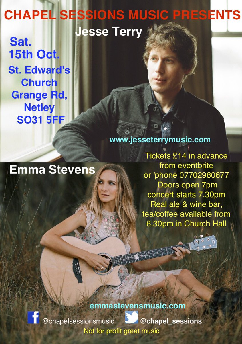 chapel_sessions's tweet photo. Don’t forget this Saturday 15th October @chapel_sessions Music series St Edward’s Church Netley #Southampton we welcome @jesseterrymusic #whenwewander & @estevensmusic Double headliners.Don’t miss it. #doyouthinkaboutme https://t.co/OTPCFAritf
Tickets Eventbrite @jstpumpkin https://t.co/sdJTYXmf3d