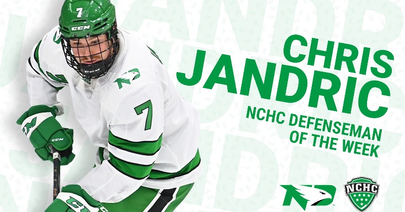 UNDmhockey's tweet photo. Congrats to defenseman Chris Jandric on being named @TheNCHC Defenseman of the Week after his four-point weekend! 

#UNDproud | #LGH