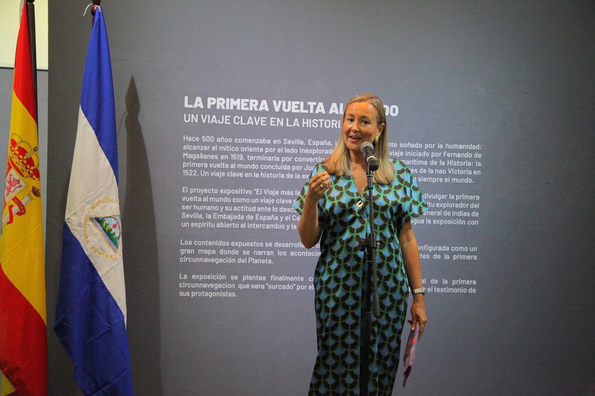 AECIDNicaragua's tweet photo. La noche del 06 de octubre la Embajadora de España en Nicaragua Dña. Pilar Terrén, inauguró la exposición “El viaje más largo”, en conmemoración de los 500 años de la primera vuelta al mundo. La exposición está abierta al público todo el mes de octubre en el #CCEN https://t.co/ro9Kg2nSle