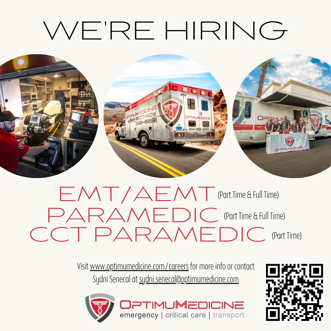 OptimuMedicine's tweet image. We're Hiring!!!! 🚑

To apply, please visit OptimuMedicine.com/careers

#emsjobs #paramedicjobs #emtjobs #firstresponders #ems #emergencymedicalservices #optimumedicine
