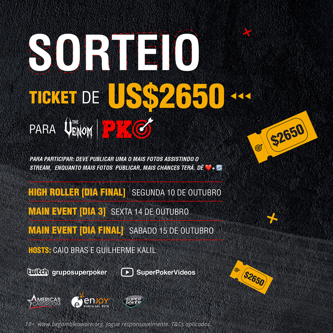 ACRPokerBR's tweet photo. SORTEIO! 1 ticket de US$2.650 para The Venom PKO  🥊 

Durante EPT 🇺🇾 vamos streamear •. 3̳ .• mesas finais e queremos sua comapnhia! 

⚠️ Para participar: 

📸 Deve publicar uma o mais fotos assistindo o stream. Enquanto mais publicar + oportunidades de ganhar. 

Dê ❤️+ 🔄 https://t.co/zVvIGxx2zl