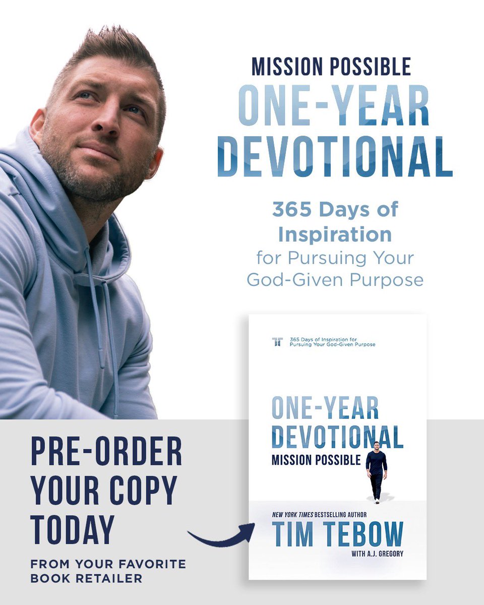 TimTebow's tweet photo. So excited to share something that has been on my heart for a while now— the release of my first devotional. My prayer is that this devotional will give you 365 days of inspiration to help you live a meaningful life. Pre-order your copy now at https://t.co/hCSROCRSnn. https://t.co/nlgvMZsDrY