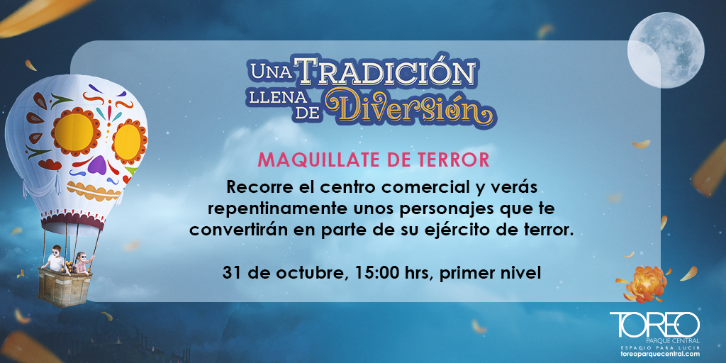 ToreoPC's tweet photo. Tienes que venir a disfrutar todos los eventos de #halloween y #diademuertos con nosotros.
#toreoparquecentral
#eventosdeterror
🧟‍♂️🎃🧟‍♀️💀 https://t.co/byt15PdNd2