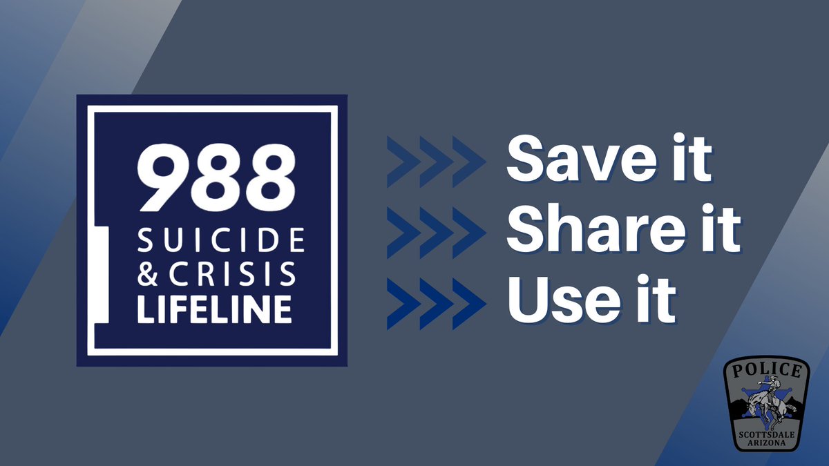 ScottsdalePD's tweet photo. 9️⃣8️⃣8️⃣ We will keep sharing this number until it is as widely known as 911! 
Check on those who might be struggling. Be sure they have this number now so they have it when they need it. If it's you that is struggling, call 988 for help. 
YOU ARE WORTH IT!
#WorldMentalHealthDay https://t.co/BlclNLKSkx