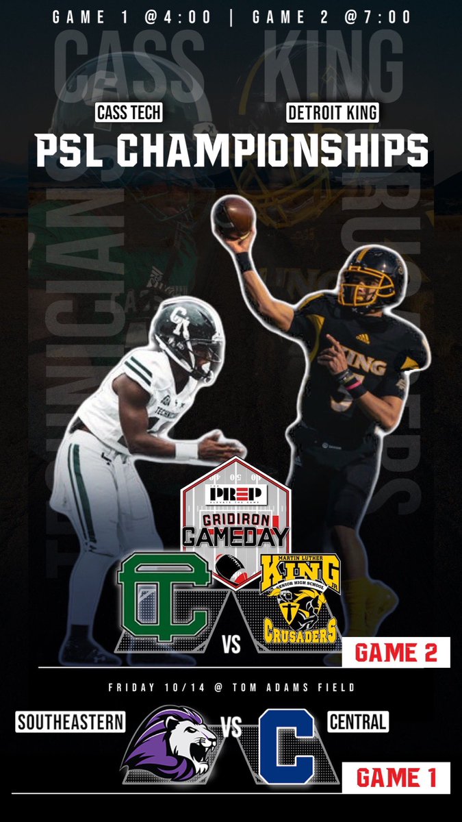 ThePrep3's tweet photo. Championship weekend for @DpscdA 🔥🔥

Game 1 will be @ 4pm - @DetroitCentral1 vs. @DetSoutheastern 

Followed by a round 2 classic @DetKingFootball vs. @Detroit_CTFB @ 7pm 

Both games will be played at Wayne State University and we will be broadcasting them Live 🔥 https://t.co/tLUNe44JUx