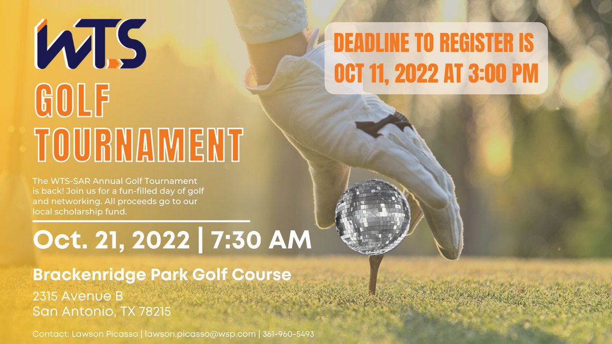 WTSsanantonio's tweet photo. Registration Deadline for WTS Golf Tournament is tomorrow Oct 11, 2022 at 3:00 PM.
 
To register click here 👉🏽: https://t.co/DUvTenV1zS https://t.co/ba73KGq8TV