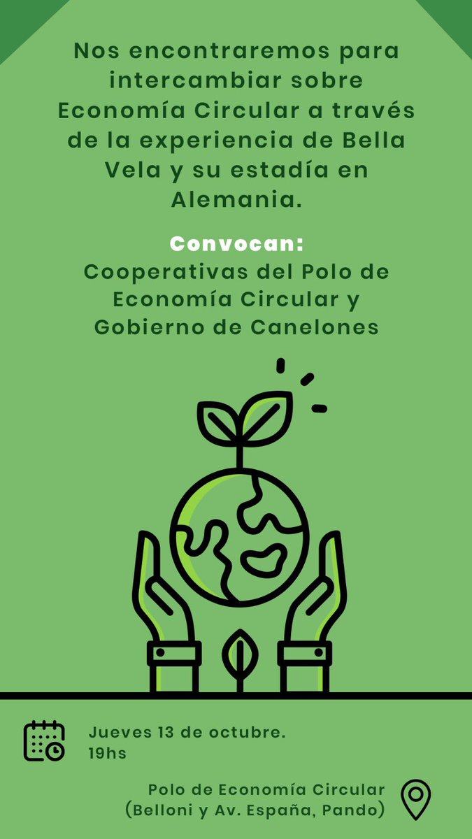♻️ Intercambio sobre Economía Circular a través de la experiencia de Bella Vela y su estadía en Alemania.

🔊 Convocan:
Coop. Polo de Economía Circular Gobierno de Canelones 

🗓️ Jueves 13 de octubre 
⏰ 19 horas 
📌 Polo de Economía Circular (Belloni y Av. España, Pando)