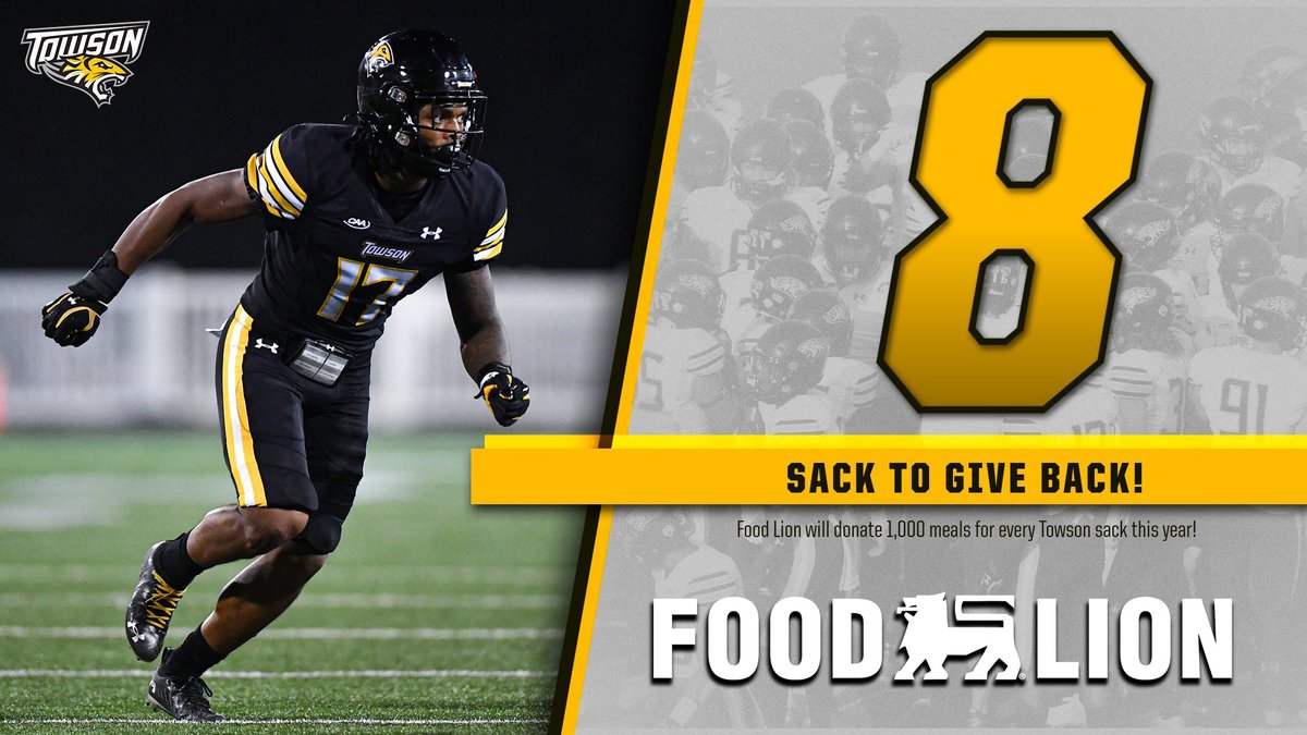 Food Lion is donating 1,000 meals for every Towson sack this season! Our three sacks at Elon brings us to eight on the year! #GohTigers | #UnitedWeRoar | #NCAAFCS