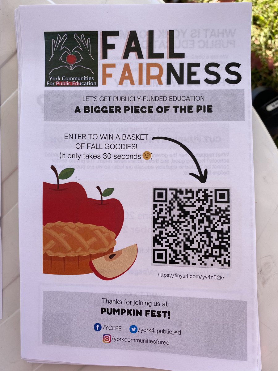 york4_public_ed's tweet photo. Happy Thanksgiving ๐ฅง
Still want to enter our #FallFAIRness raffle?
You can until 9 pm TODAY!
Use the QR code in our flyer below. ๐๐๐๐ป
@torontolabour https://t.co/GZX50E8UGL