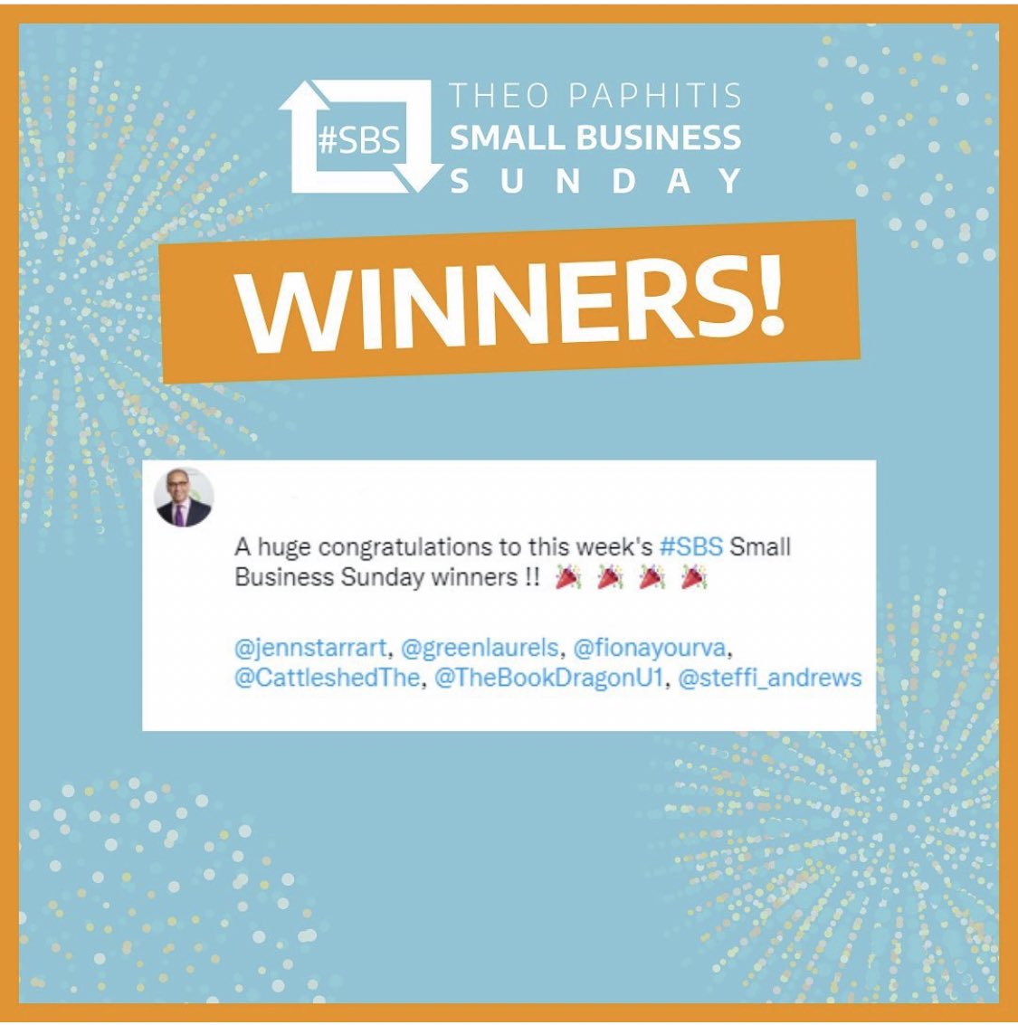 EEEEK! WE'VE WON ! 🥇
We are one of this week's <a href="/TheoPaphitis/">Theo Paphitis</a> Small Business Sunday WINNERS.
Along with @jennstarrart, <a href="/greenlaurels/">Simon Mitchell</a>,@fionayourva,<a href="/TheBookDragonU1/">The Book Dragon UK</a> and @steffiandrewscreates.
Thanks you Theo and #SBS 
#smallbusinesssunday #smallbusinesssupport #theopaphitis