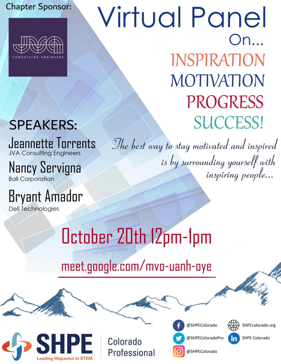 jvainc's tweet photo. JVA Vice President, Jeannette Torrents, will be speaking at SHPE Colorado’s virtual panel on inspiration, motivation, progress, and success. You’re invited to attend Thursday, October 20, from 12-1PM.

Link to panel: https://t.co/T9it6SIbUw https://t.co/ed0XklTtYG