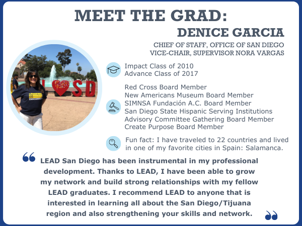 LEADSanDiego's tweet photo. September's #MeetTheLEADGrad features #LEADImpact &amp; #LEADAdvance graduate, Denice Garcia! Denice currently serves as the Chief Of Staff at the Office of San Diego County for Supervisor Nora Vargas &amp; is passionate about Latino business community empowerment. Get to know Denice 👇 https://t.co/eRaS8sbuem