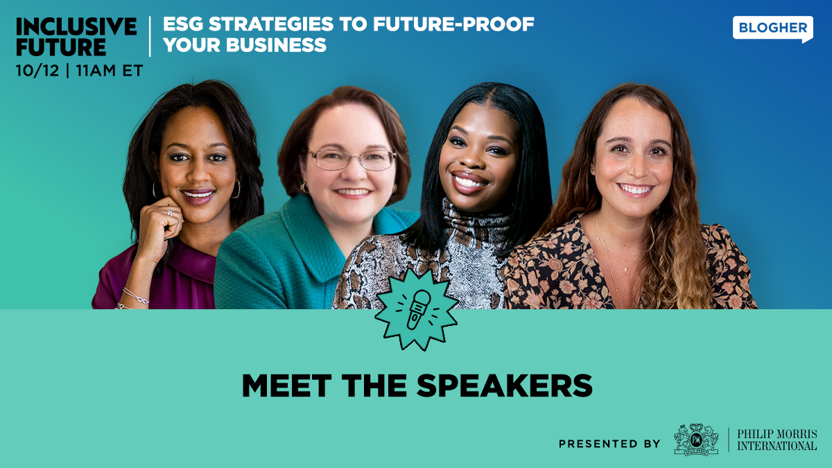 BlogHer's tweet photo. #BlogHer Inclusive Future is Back!✨ Join us this Wed., Oct. 12 at 11am ET for ESG Strategies to Future Proof Your Business with experts Jasmine Crowe-Houston, Jennifer Motles, Nereida Perez & Sherita Janielle Rankins. RSVP here: https://t.co/1YxzdwzlZH https://t.co/BXFBAUgfoM