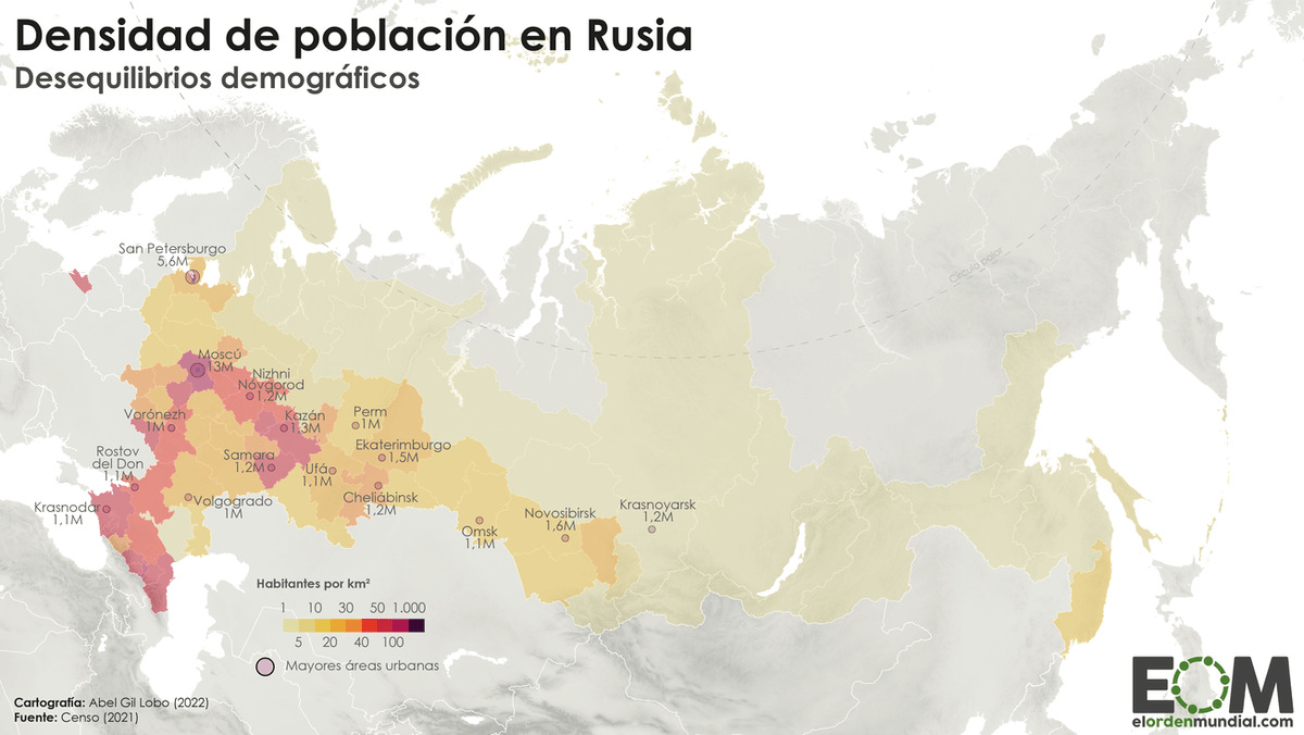El mapa de la densidad de población en Rusia. Aunque Rusia es el país ...