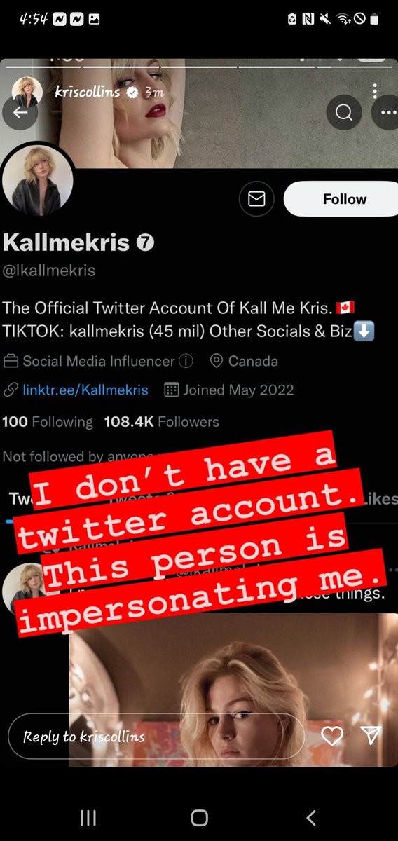Katrina_simp's tweet photo. Everyone please report @lkallmekris the REAL kallmekris on her official Instagram has confirmed that this account is a fake. https://t.co/cSFhPmiKVq