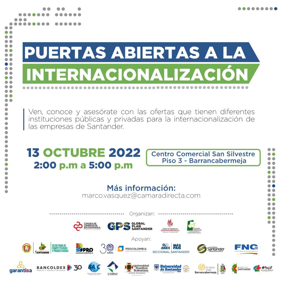 CRCSantander's tweet photo. Desde la Mesa de Internacionalización de Santander le invitamos a participar en el evento Puertas Abiertas a la Internacionalización en Barrancabermeja.
 
Fecha🗓️: jueves, 13 de octubre

Hora⏰: 2 p.m. a 5 p.m.

Lugar📍: Centro Comercial San Silvestre, 3er piso - Barrancabermeja https://t.co/RCPQzLqWmZ