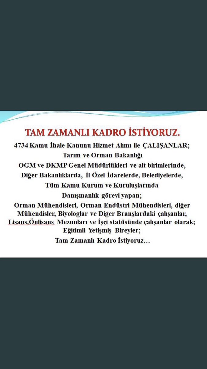 tevhide_demirci's tweet photo. #4734_Sayılı_Kamu_İhale_Kanunu_Kapsamında_Hizmet_Alımı_ile_Çalışan_Danışmanlar KADRO İSTİYORUZ
@RTErdogan @VahitKirisci @vedatbilgn @yilmaztunc @HTurkyilmazOMO @BekirKARACABEY_ @TocBirSenGM @tarimormanpgm @TCTarim @tarimorman_is @turktarimorman https://t.co/wWZyGgL7hE