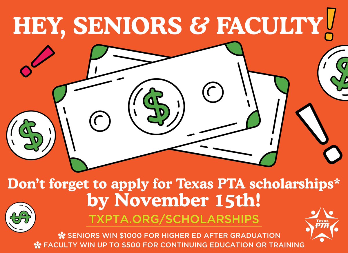 txstatepta's tweet photo. Did you know Texas PTA offers not only a Senior, but a Faculty Scholarship as well?!
Scholarship applications are currently open and scheduled to close Nov. 15th. Don’t miss your chance to apply!
Visit the Texas PTA website to review and apply today! https://t.co/XLfDfeLJBo 💸 https://t.co/XymL9fRpzQ