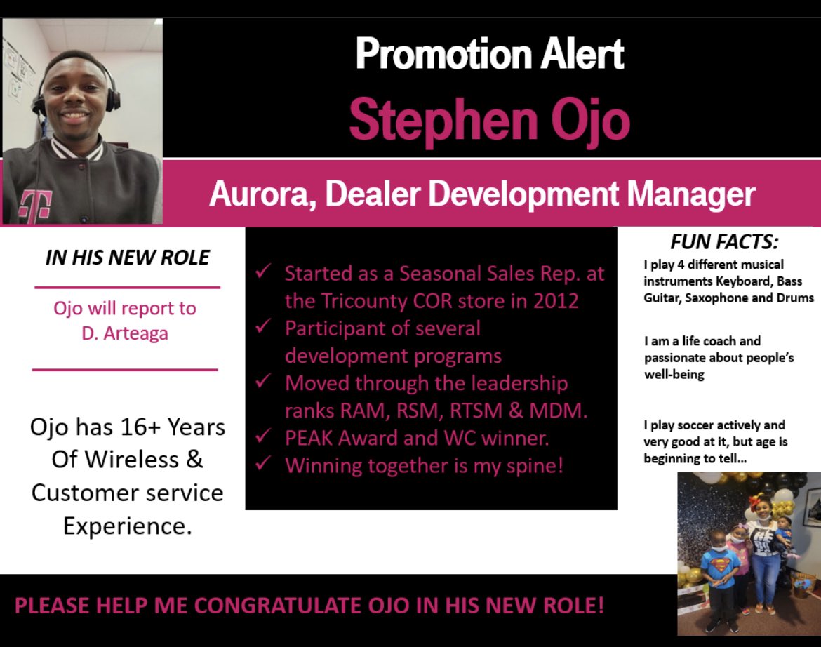 D. Arteaga (@datthet) on Twitter photo 🚨 LEVEL UP ALERT🚨
Super stoked to welcome this new ⭐️ROCKSTAR⭐️ to the Rocky Mountain-Metro by T-Mobile Team!!!💞
Remember the name. Biiiiiig things coming! ✨
<a href="/WinstonAwadzi/">Winston Awadzi</a>
#TeamElevate #Central 🚨 LEVEL UP ALERT🚨
Super stoked to welcome this new ⭐️ROCKSTAR⭐️ to the Rocky Mountain-Metro by T-Mobile Team!!!💞
Remember the name. Biiiiiig things coming! ✨
<a href="/WinstonAwadzi/">Winston Awadzi</a>
#TeamElevate #Central