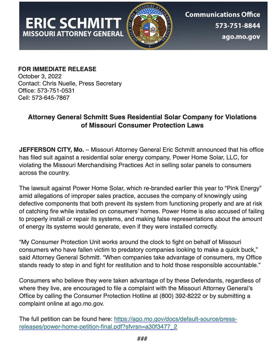 MoElectricCoops's tweet photo. Missouri Electric Cooperatives would like to thank MO @AGEricSchmitt for stepping up to protect our members from unethical solar vendors. If you are thinking solar, your first call should be to your local electric co-op! #AskUsFirst https://t.co/OwFO2KltLk