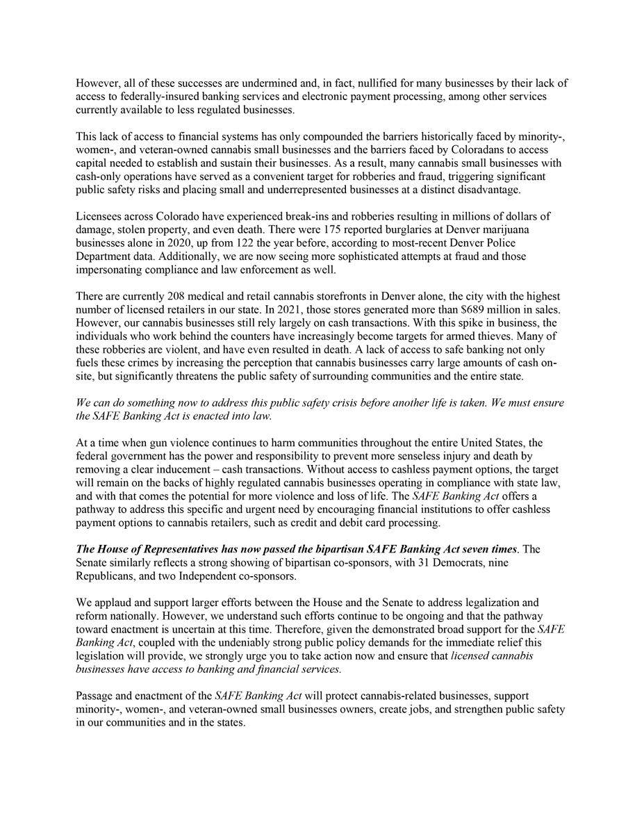 GovofCO's tweet photo. Passage &amp; enactment of Rep. Perlmutter’s SAFE Banking Act will protect cannabis-related businesses, support minority, women, and veteran-owned small business owners, create jobs, and strengthen public safety in Colorado communities and the states.
https://t.co/pL1FLFygMD https://t.co/D1x8SOHXTr