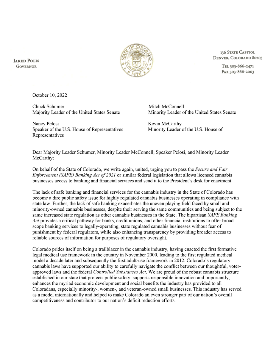 GovofCO's tweet photo. Passage &amp; enactment of Rep. Perlmutter’s SAFE Banking Act will protect cannabis-related businesses, support minority, women, and veteran-owned small business owners, create jobs, and strengthen public safety in Colorado communities and the states.
https://t.co/pL1FLFygMD https://t.co/D1x8SOHXTr