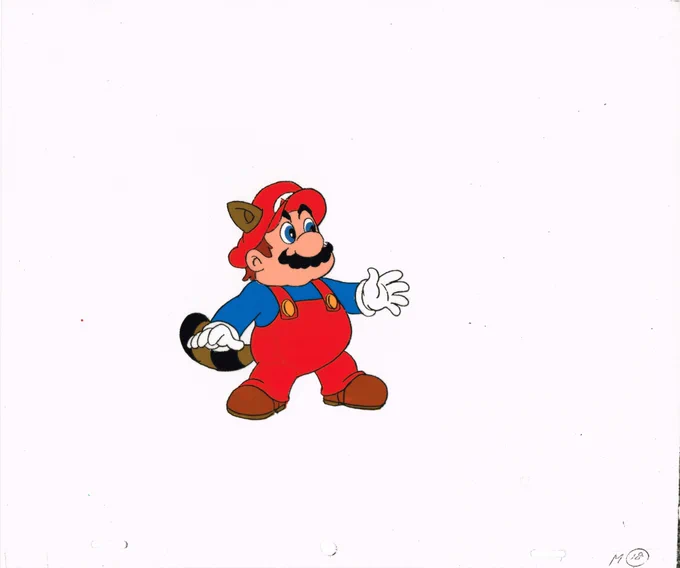 The Adventures of Super Mario Bros. 3 Animation Cel Scan of Raccoon Mario from episode 24 Recycled Koopa. Sadly he's missing one of the 2 mouth layers that was used in the scene. 