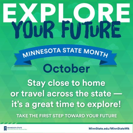MinnStateEdu's tweet photo. October is Minnesota State Month. Explore 33 institutions and apply for free. https://t.co/v3rMbsTGxD https://t.co/y3aazGnBfA