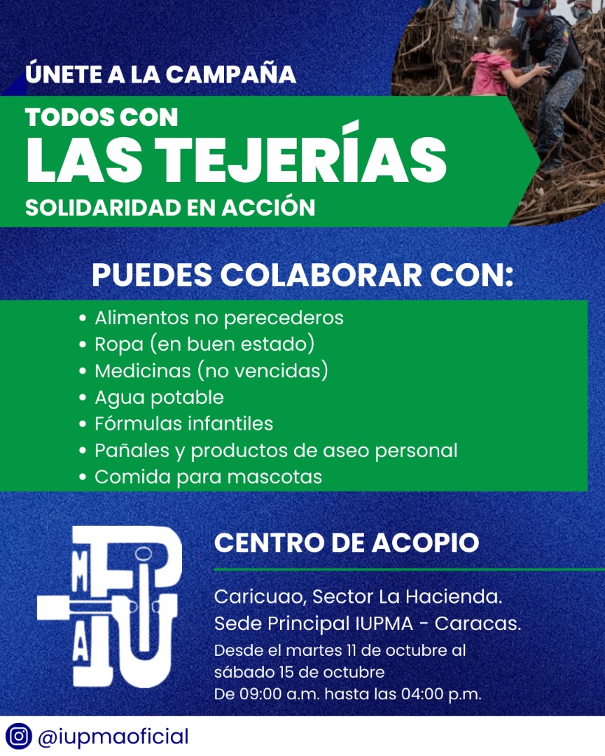 iupmaoficial's tweet photo. Nuestra sede principal abre sus puertas como centro de acopio desde el martes 11 al sábado 15 de octubre de 09:00 a.m. a 04:00 p.m. 

¡Únete a esta causa! 

#SolidaridadEnAccionIUPMA
#Tejerias
#CentroDeAcopio
#Caricuao
#UD5
#Caracas https://t.co/GOkgz7ui9w