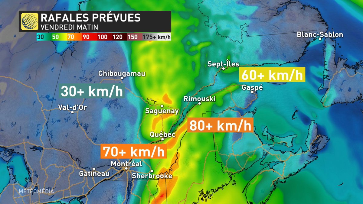 CAubry_MM's tweet photo. Tout un système à venir! Les accumulations (50+ mm par endroits) et de fortes rafales allant jusqu'à 80+ km/h sont possibles entre jeudi et samedi. Des pannes d'électricité causées par une tombée massive des feuilles seront à surveiller. #mm #meteoqc https://t.co/FlcuudJJ4e